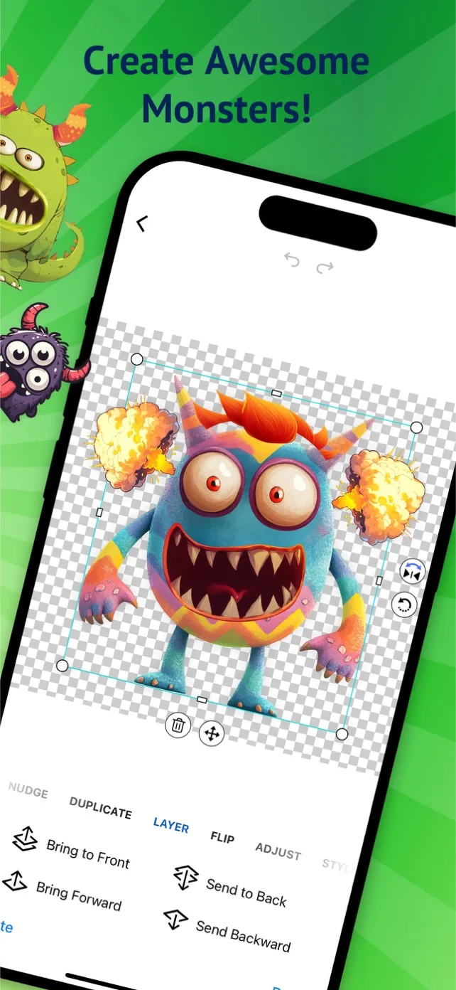 Monster Maker editor with a blue furry monster on a transparent canvas, explosion props at its fists, and layer tools for duplicate, flip, bring to front and send to back